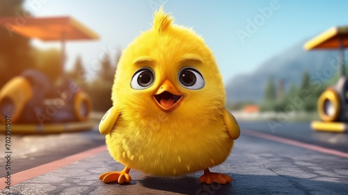 3D rendering of a cute little yellow chicken standing on the road