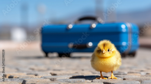 Little yellow duckling with a blue suitcase on the background of the road