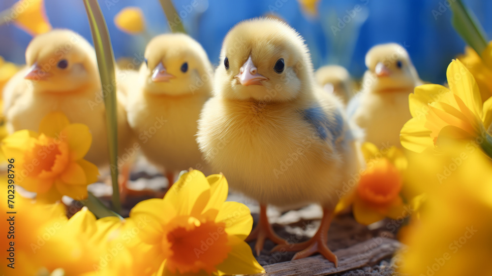Little yellow chickens and daffodil flowers on a sunny day