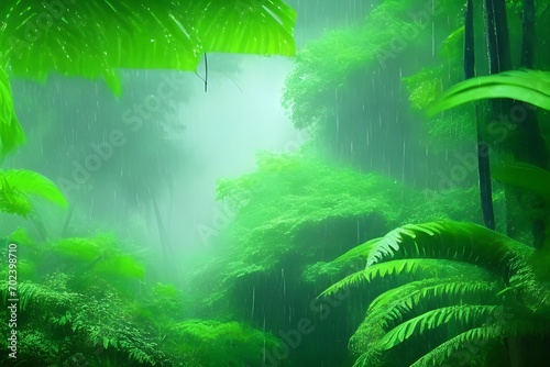 Tropical rain forest with ferns and raindrops.