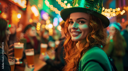 portrait of a redhead beautiful girl smiling in a traditional Irish pub at St. Patrick's day.  photo