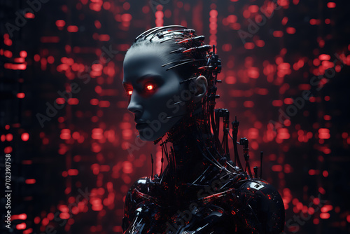 An evil AI with a human-like face in a defiant attitude. Concept: The future dangers of leaving everything in the hands of AI