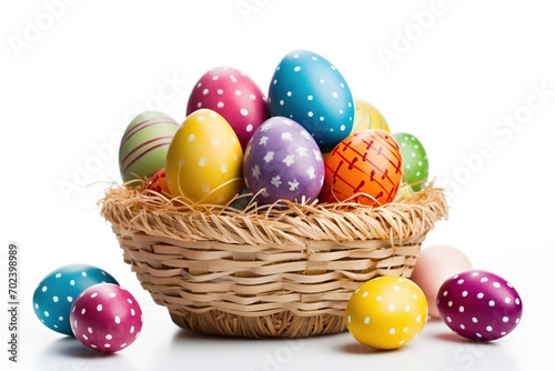 Basket with colorful easter eggs isolated on white background photo