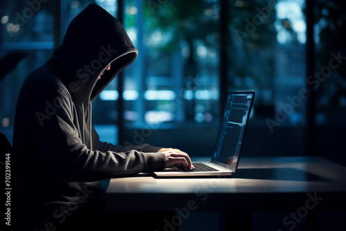 A hooded computer hacker cracking digital code to hack into the mainframe of a network and disrupt systems to black mail, hold to ransom or take down companies, products or service photo
