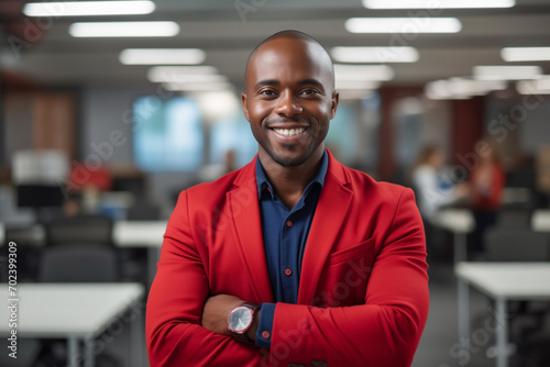 happy businessman ceo, man, standing in office arms crossed, in red jacket and blue shirt, elegant photo