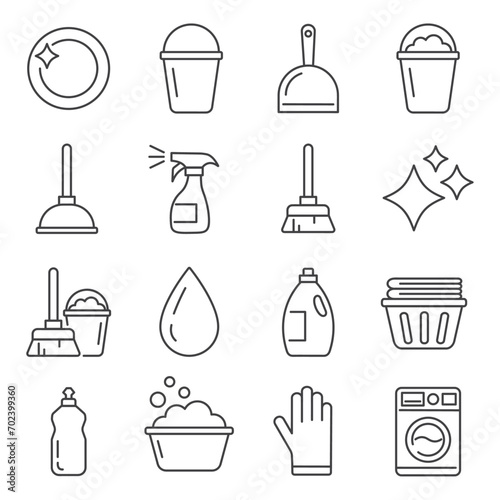 set of cleaning and housekeeping line icons with editable stroke