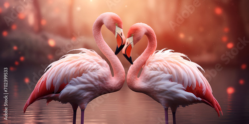 photo of heart-melting two Flamingos with an emphasis on expression of love Two pink Flamengo looking at each other formation heart shape over a light green background. AI Generative  © kalsoom