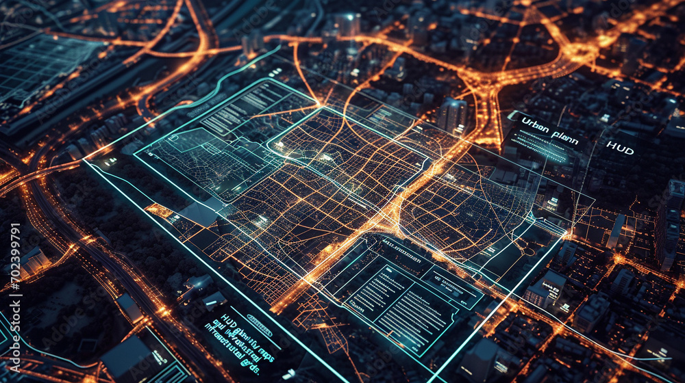 Obraz na płótnie Urban planning HUD with glowing city maps and infrastructural grids w salonie