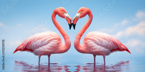 Two flamingos  necks forming the shape of a love heart on the lake Pink flamingos facing each other in the water with a reflection. AI Generative 