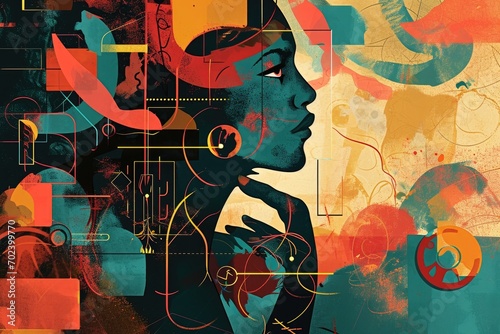 Vibrant strokes and playful dots bring life to a woman s captivating profile  evoking the beauty and fluidity of modern art in this dynamic illustration