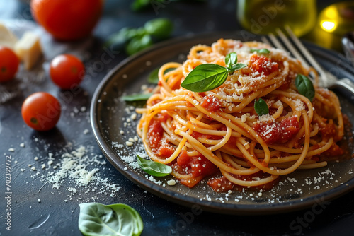 classic italian spaghetti pasta with tomato sauce, parmesan cheese and basil on plate, dark table, selective focus photo