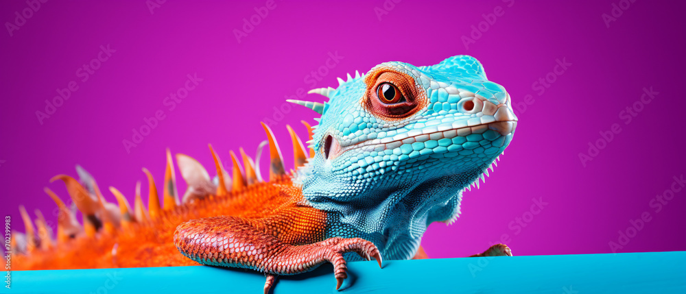 lizard against icy blue against green background