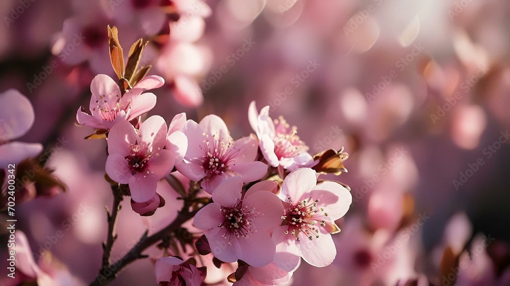 Blossoming branch of a tree with pink flowers on a blurred background Blossoming branch of a tree with pink flowers on a blurred background