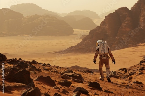 Amidst the barren landscape  a lone figure clad in a space suit navigates through the rugged terrain  gazing up at the foggy sky above and the towering mountains ahead