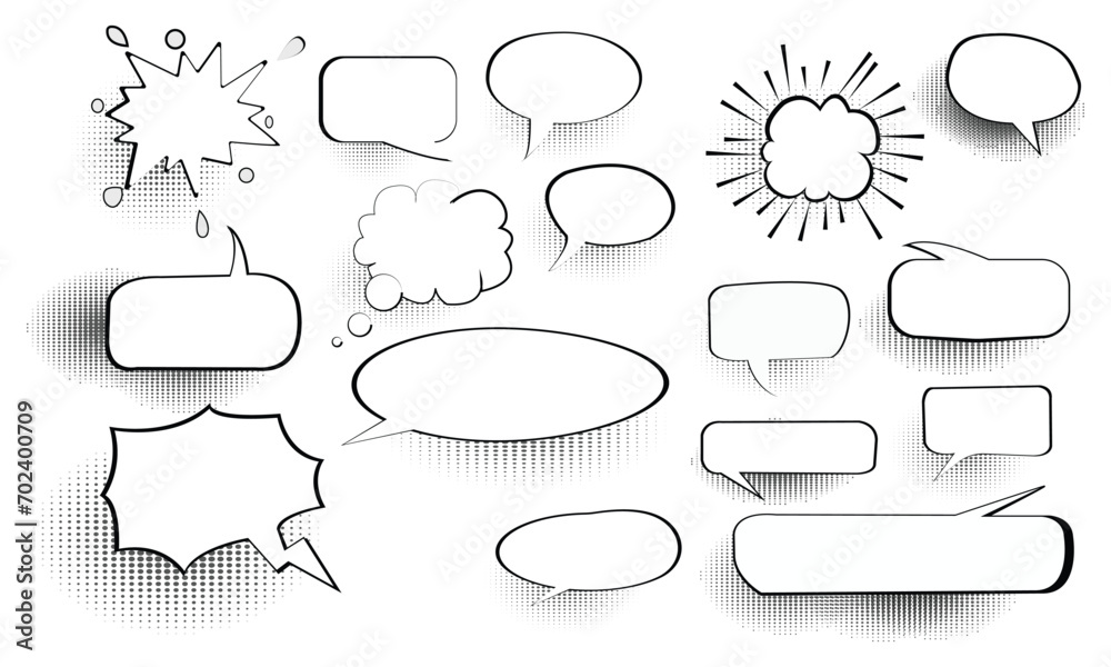 Retro empty comic speech bubbles set with black halftone shadows ...