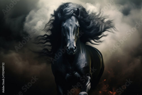 Majestic Black Horse Emerging from Ethereal Smoky Darkness