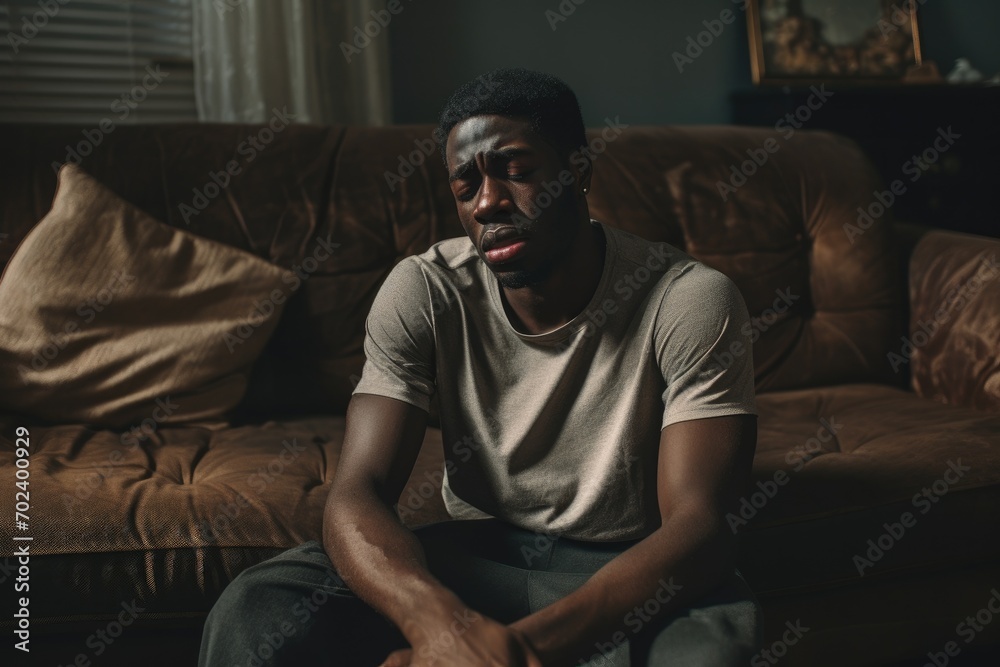 A solitary man finds solace on a worn couch, his tired face reflecting the comfort of his surroundings as he sits against the wall, surrounded by familiar furniture