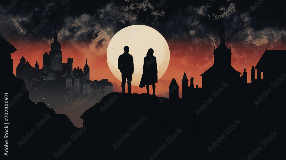 Silhouette of 2 people in front of the murky city scenery , Created ai generated.