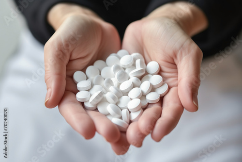 medical pills white round in bulk in women's hands, vitamins