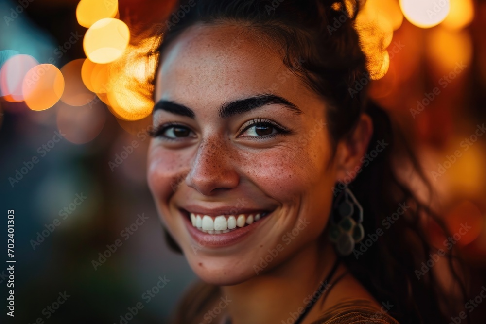 A joyful woman radiates warmth and positivity as she grins confidently at the camera, her luscious lips and perfectly arched eyebrows adding to the charm of her portrait taken outdoors in natural lig