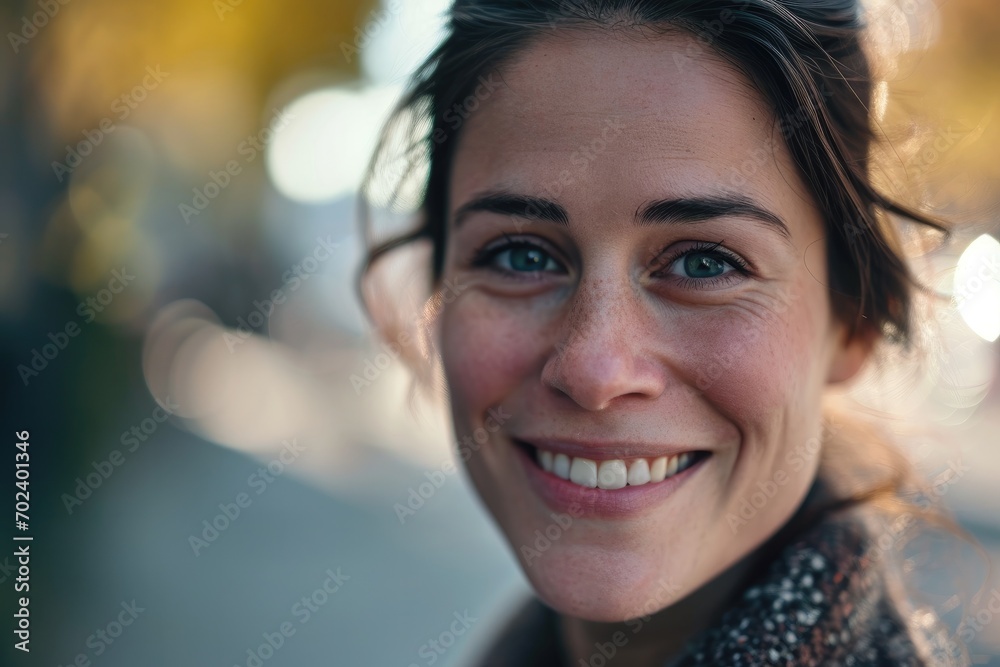 A radiant woman exudes joy as she gazes confidently at the camera, her flawless skin and perfectly arched eyebrows framing a genuine smile that lights up her entire face A radiant woman exudes joy as she gazes confidently at the camera, her flawless skin and perfectly arched eyebrows framing a genuine smile that lights up her entire face