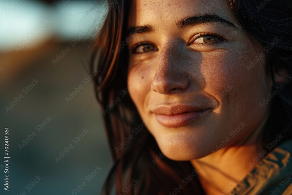 Captivating portrait of a woman with brown hair, her delicate features highlighted by the soft outdoor light as she smiles, revealing a glimpse of her personality through her expressive eyes and perf Captivating portrait of a woman with brown hair, her delicate features highlighted by the soft outdoor light as she smiles, revealing a glimpse of her personality through her expressive eyes and perf