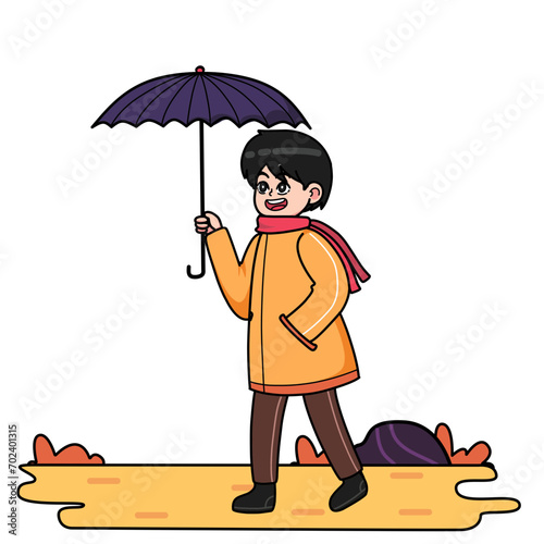 A man walks on a rainy day carrying an umbrella in an autumn park. Lifestyle concept, outdoor activity. Cartoon flat vector illustration