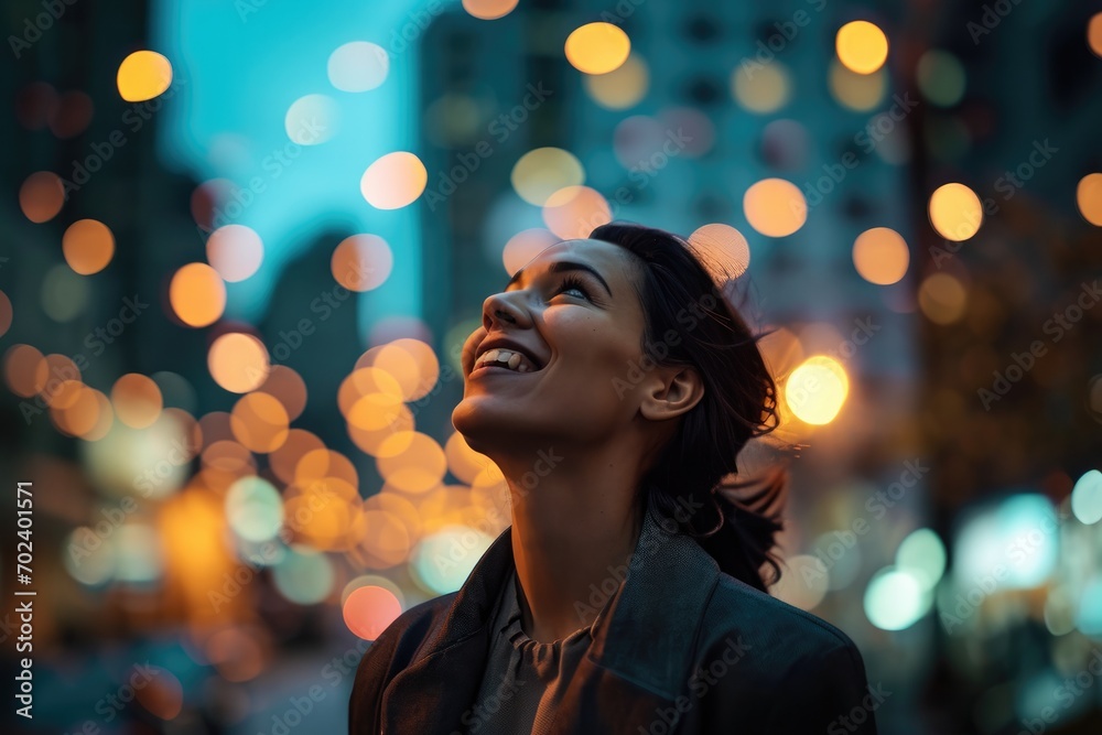 A vibrant woman exudes joy and confidence in the city at night, her blurred figure a striking contrast to the sharp edges of buildings and streetlights