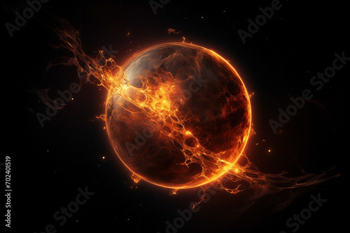 planet orange spherical fictional abstract in dark space with dots of stars, flashes