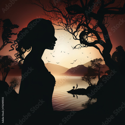 Silhouette of woman in the forest, Created by ai generated.