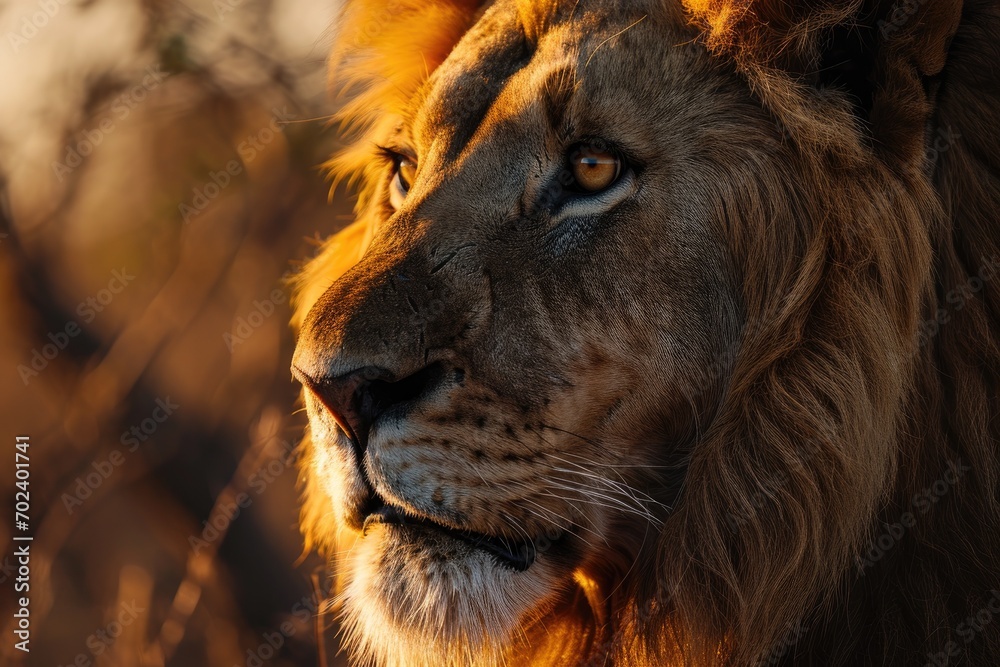 Bold and majestic, a masai lion gazes confidently at the camera, showcasing its powerful snout and luscious brown fur in the wild outdoors