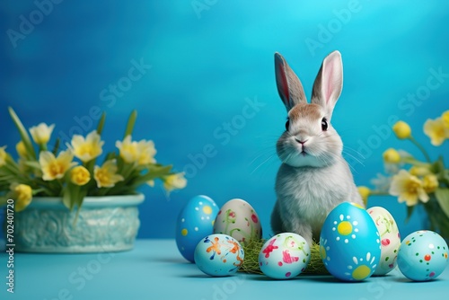 Cute bunny with easter eggs on blue background