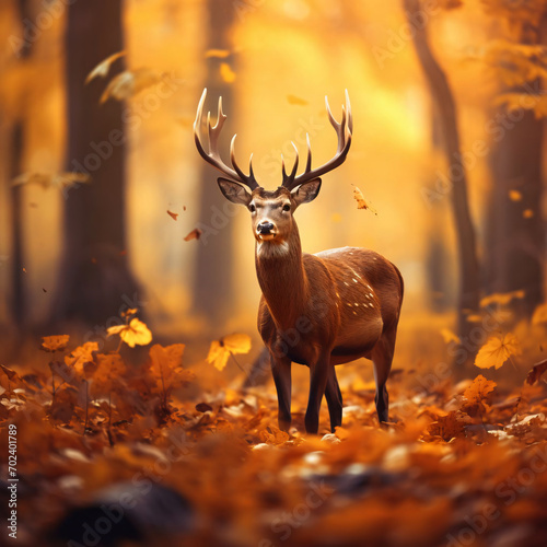 A gentle deer feeding on fresh leaves against a backdrop of autumn foliage. © Nevrim