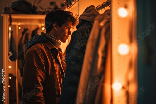 A man stands in front of a mirror, his human face illuminated by the soft indoor light, as he contemplates his jacket-clad reflection
