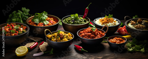 Fresh indian food in dark bowls on black background.