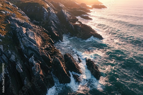 Nature's untamed beauty on display as the crashing waves meet the rugged cliffs of a windswept coast at sunset