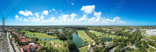 Golf club field, nobody. Aerial panorama view