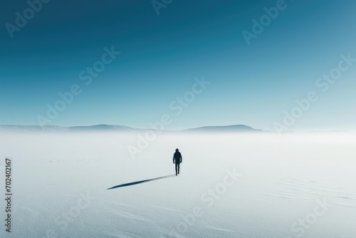 A solitary figure braves the wintry terrain, surrounded by a vast expanse of white snow and majestic mountains, as they embark on an outdoor adventure of skiing or hiking under the crisp winter sky