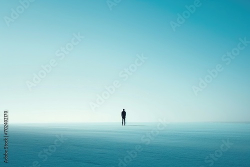 A lone figure stands in a vast snowy field, gazing up at the tranquil sky, as the ocean's calm waves crash against the distant beach, creating a serene landscape of nature © ChaoticMind