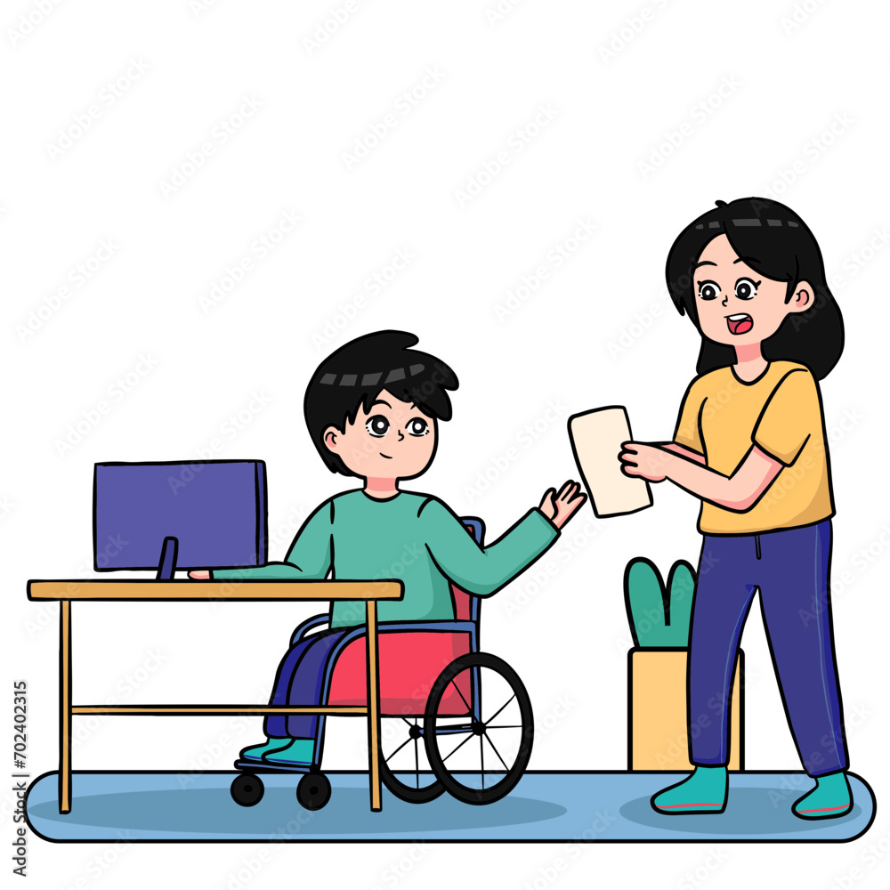 illustration of a person with a disability discussing with a colleague in the office illustration of a person with a disability discussing with a colleague in the office