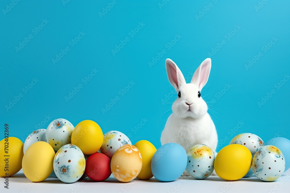 Cute bunny with easter eggs on blue background Cute bunny with easter eggs on blue background