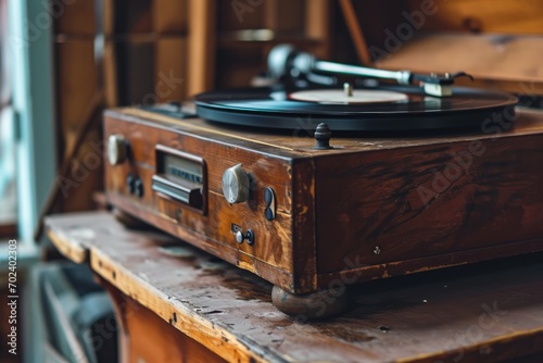 The warm wood of the table compliments the smooth curves of the vintage record player, inviting you to step into a world of nostalgic melodies and cherished memories photo