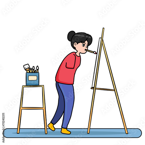 illustration of a disabled woman painting with her mouth on canvas