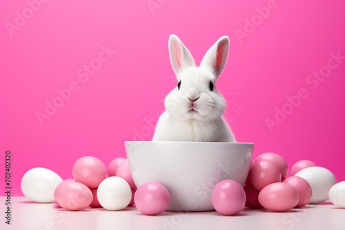 Cute bunny with easter eggs on pink background © Alina