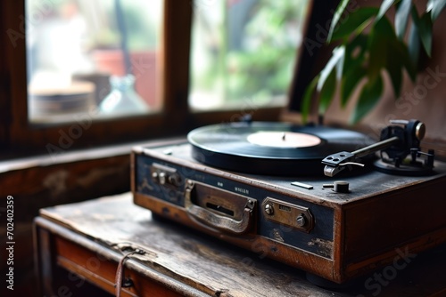 A vintage turntable spins a melodic journey through time on an indoor table, its needle gently caressing the grooves of a beloved vinyl record photo