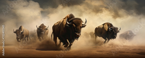 Horde of angry buffalos running to camera. cloud of dust everywhere. © Michal