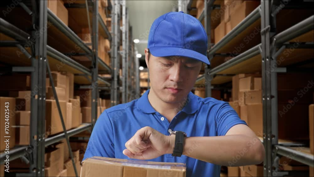 Close Up Of male checking time on his watch While Holding A Carton In Warehouse
Close Up Of male checking time on his watch While Holding A Carton In Warehouse