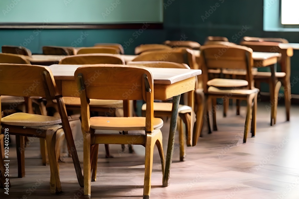 Empty classroom with vintage tone wooden chairs. Back to school concept Generative Ai