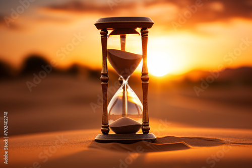 An hour glass on the dessert sand during sun set, concept of timeless, countdown 