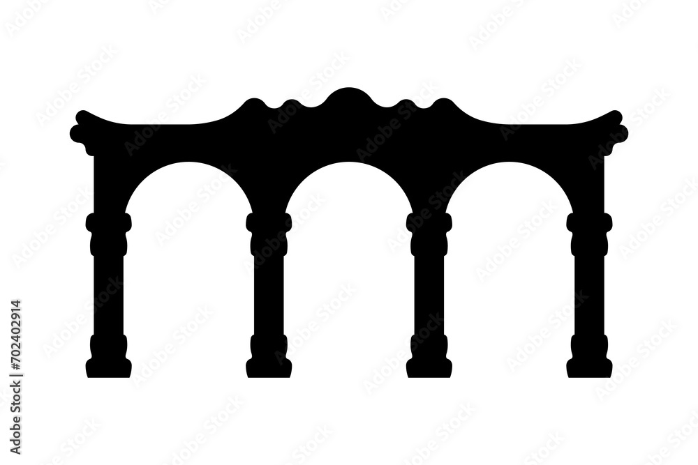 Triple arch with columns icon. Black silhouette. Front side view. Vector simple flat graphic illustration. Isolated object on a white background. Isolate. - obrazy, fototapety, plakaty 